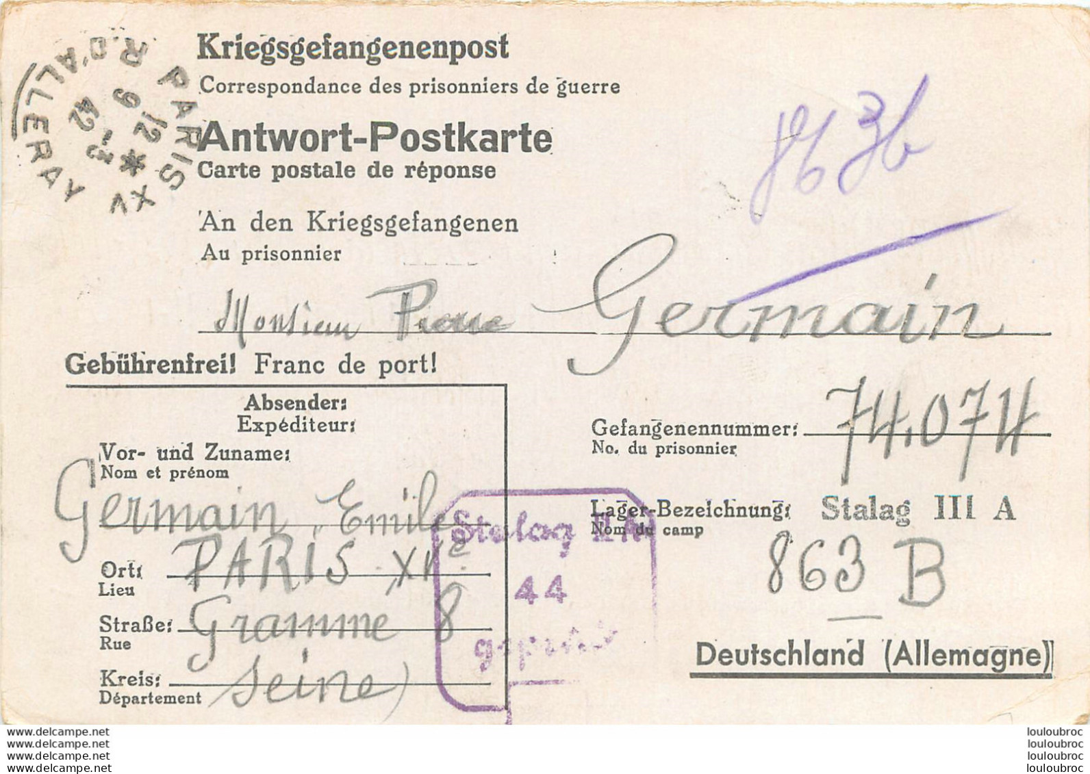 PRISONNIER KRIEGSGEFANGENENPOST 03/1942 STALAG III A SOLDAT GERMAIN EMILE - 1939-45