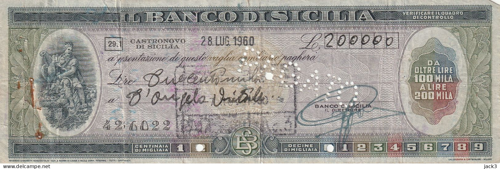 ASSEGNO - BANCO DI SICILIA - CASTRONOVO DI SICILIA 1960 - Assegni & Assegni Di Viaggio