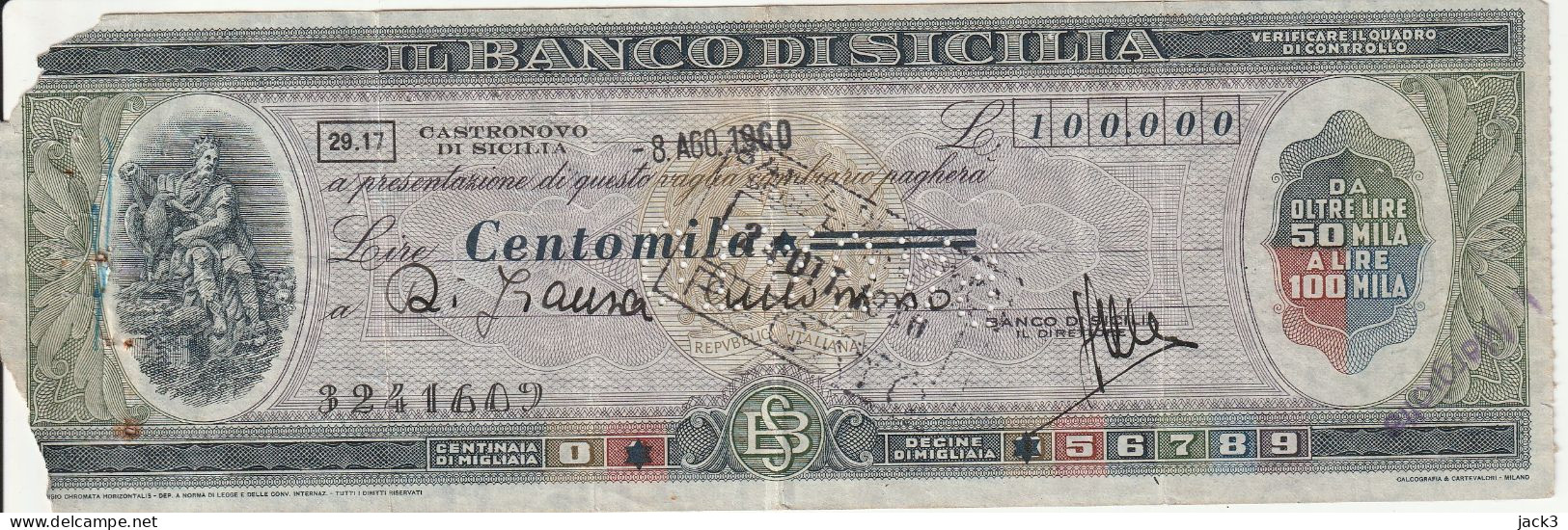 ASSEGNO - BANCO DI SICILIA - CASTRONOVO DI SICILIA 1960 - Chèques & Chèques De Voyage