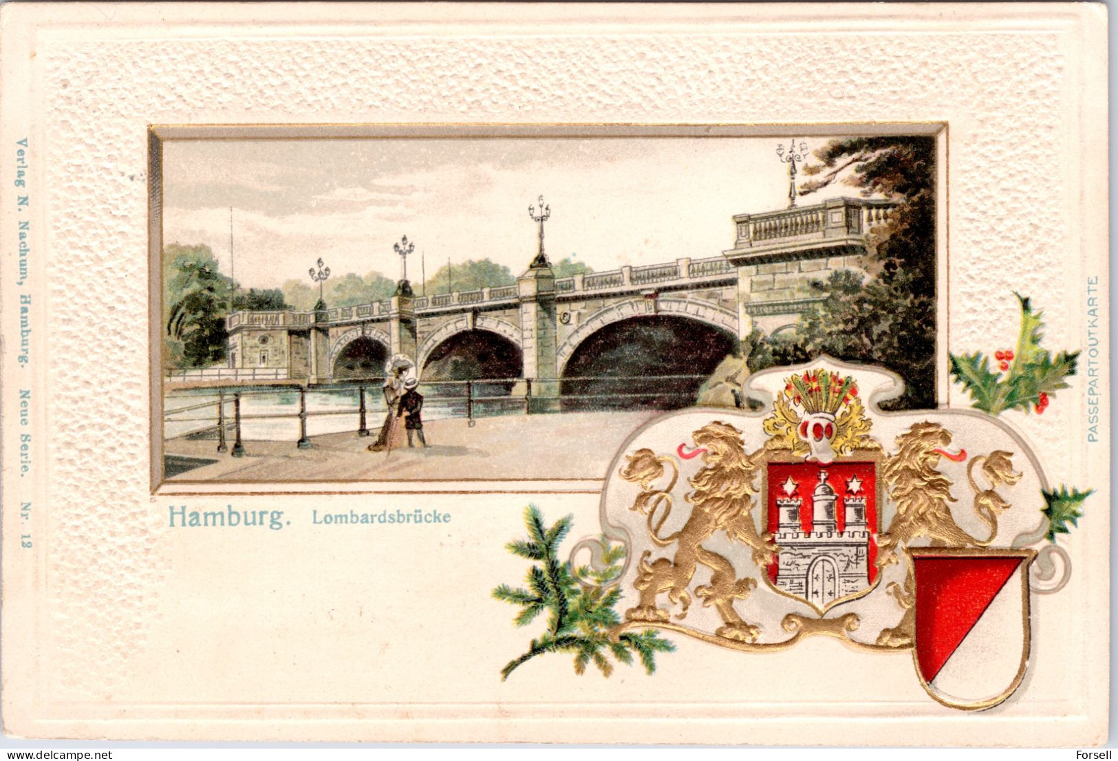 Hamburg , Lombardsbrücke (Prägekarte) (Stempel: 1909, Nach Norwegen) - Mitte