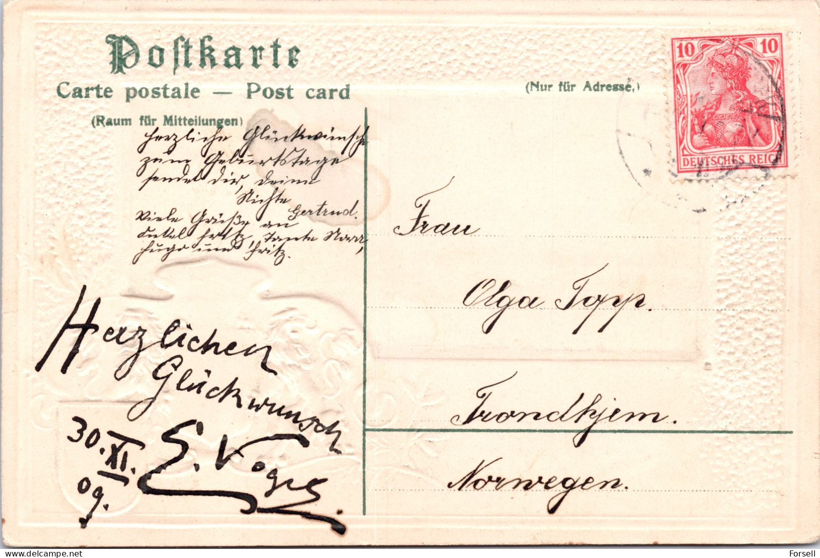 Hamburg , Lombardsbrücke (Prägekarte) (Stempel: 1909, Nach Norwegen) - Mitte