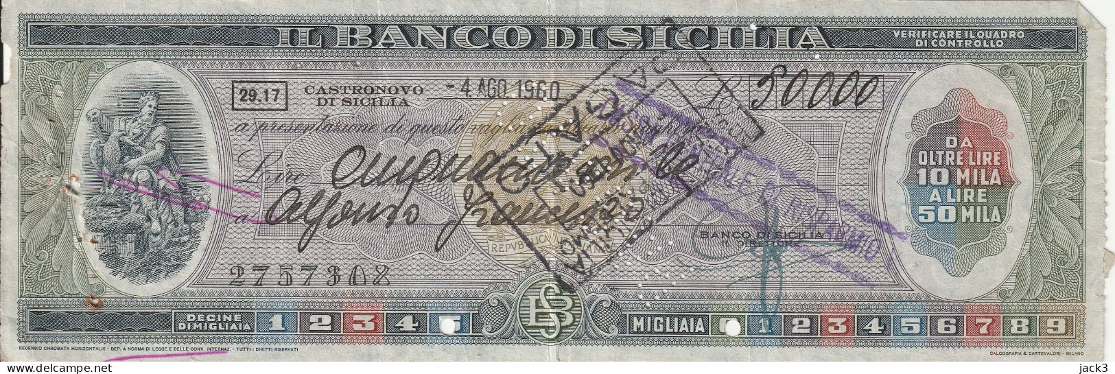 ASSEGNO - BANCO DI SICILIA - CASTRONOVO DI SICILIA 1960 - Assegni & Assegni Di Viaggio