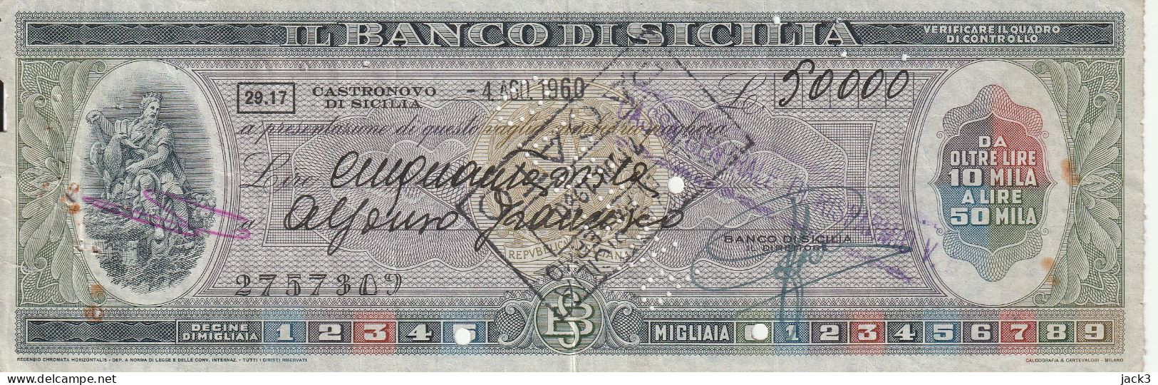 ASSEGNO - BANCO DI SICILIA - CASTRONOVO DI SICILIA 1960 - Assegni & Assegni Di Viaggio