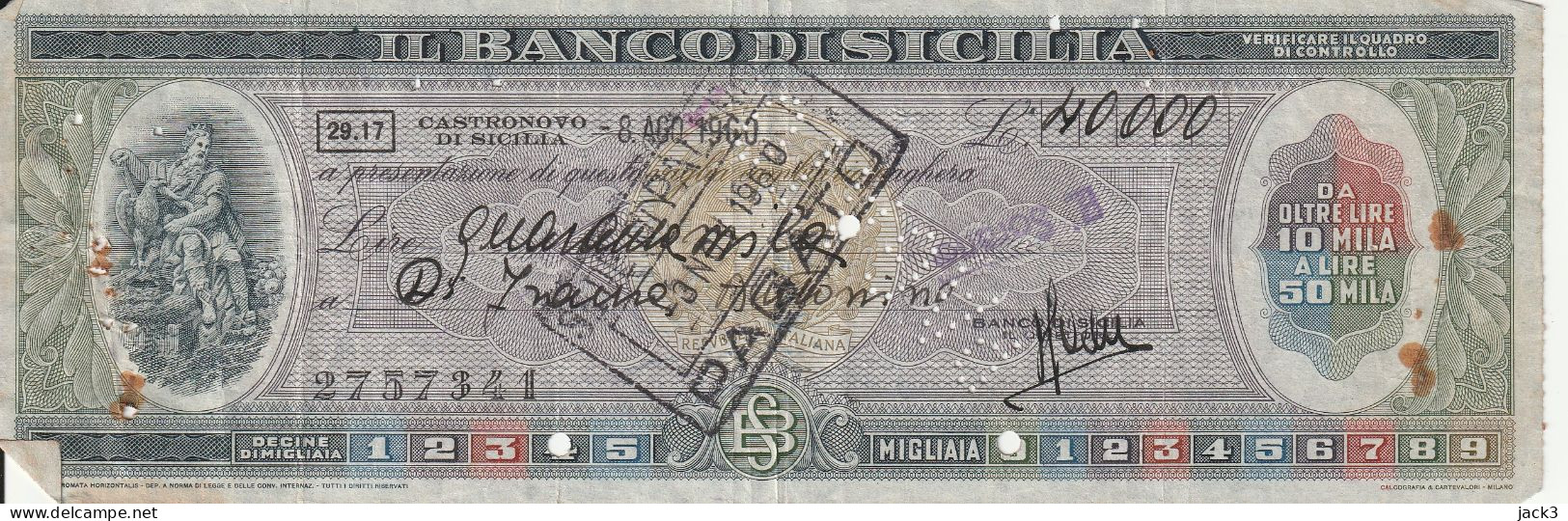 ASSEGNO - BANCO DI SICILIA - CASTRONOVO DI SICILIA 1960 - Cheques & Traveler's Cheques