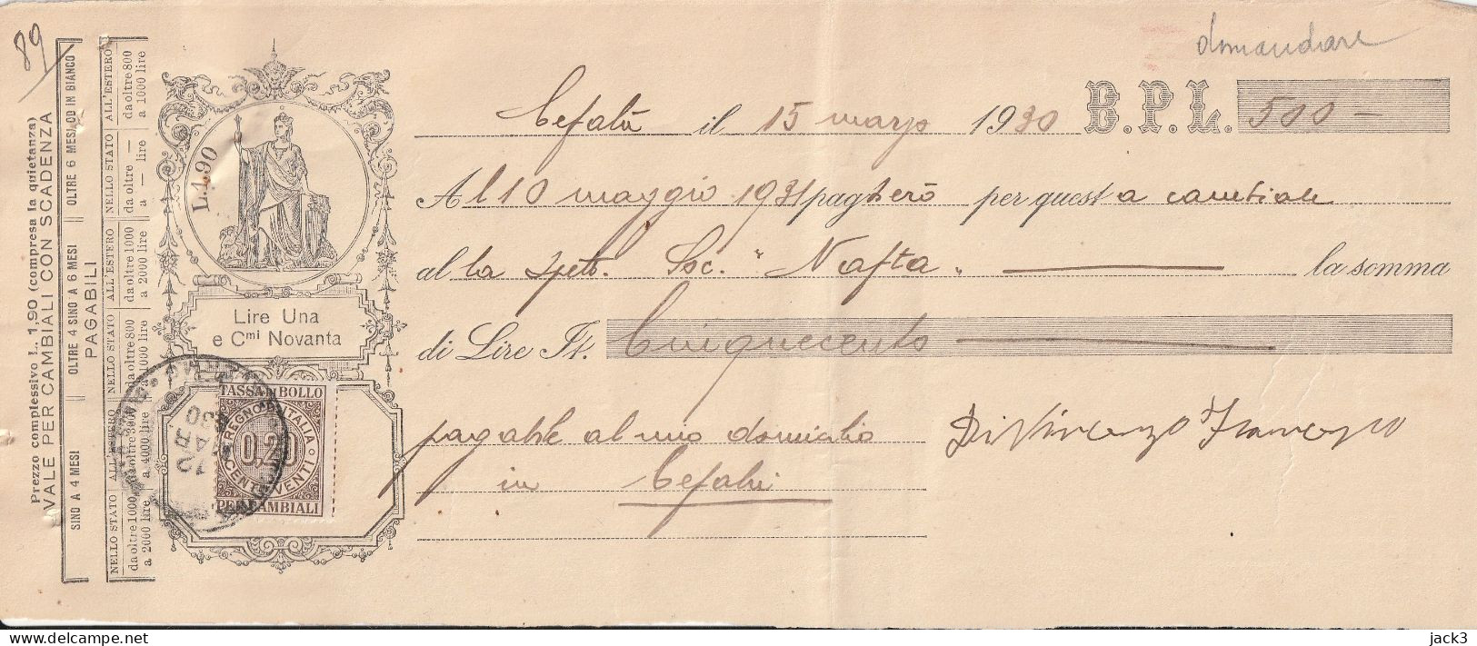 CAMBIALE - BANCO DI SICILIA - CEFALU' (PALERMO) 193O - Assegni & Assegni Di Viaggio