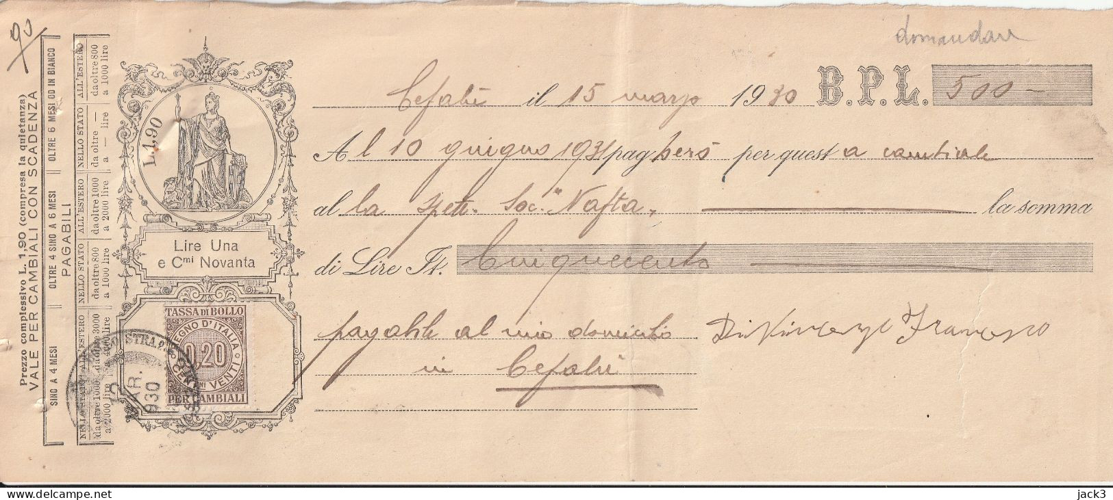 CAMBIALE - BANCO DI SICILIA - CEFALU' (PALERMO) 193O - Assegni & Assegni Di Viaggio