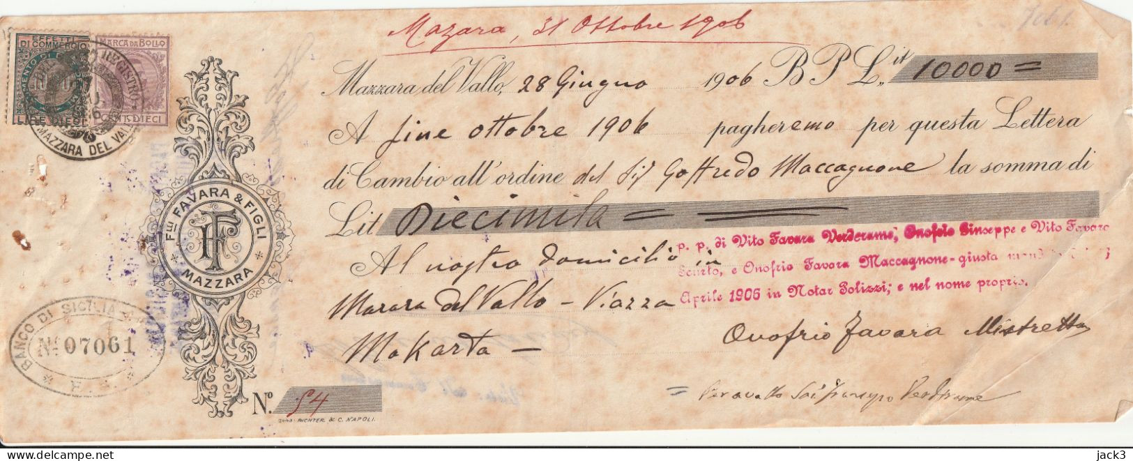 CAMBIALE - BANCO DI SICILIA - CAMBIALE CON TASSELLO PUBBLICITARIO - MAZZARA DEL VALLO  1906 - Cheques & Traveler's Cheques