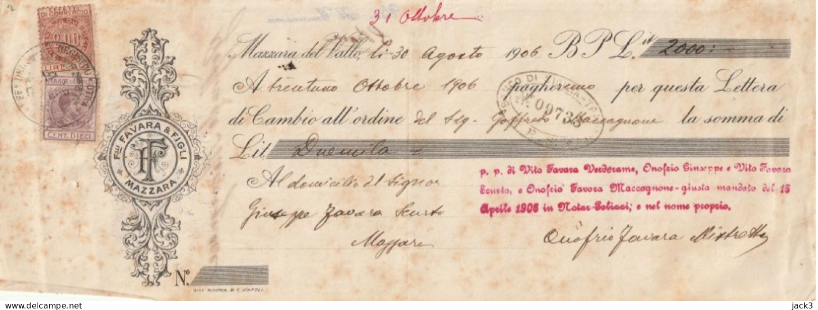 CAMBIALE - BANCO DI SICILIA - CAMBIALE CON TASSELLO PUBBLICITARIO - MAZZARA DEL VALLO  1906 - Cheques En Traveller's Cheques