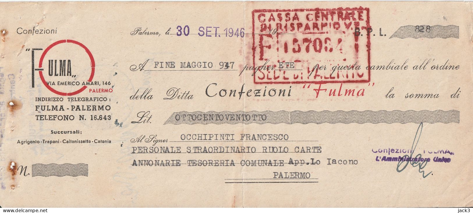 CAMBIALE - BANCO DI SICILIA - CAMBIALE CON TASSELLO PUBBLICITARIO - PALERMO  1946 - Cheques & Traveler's Cheques