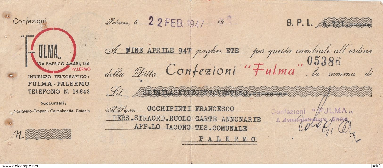 CAMBIALE - BANCO DI SICILIA - CAMBIALE CON TASSELLO PUBBLICITARIO - PALERMO  1947 - Cheques En Traveller's Cheques