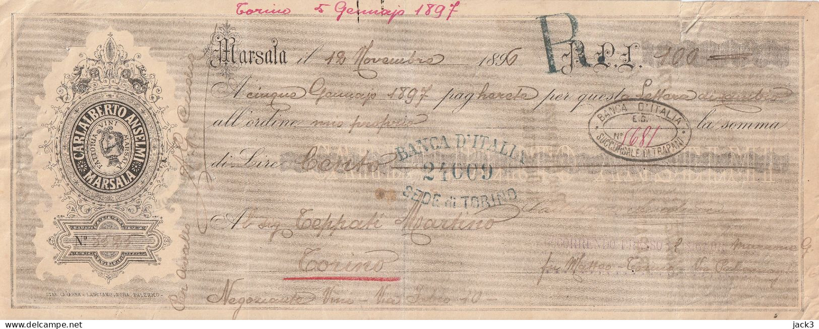 CAMBIALE - BANCA D'ITALIA - CAMBIALE CON TASSELLO PUBBLICITARIO - MARSALA 1896 - Cheques En Traveller's Cheques