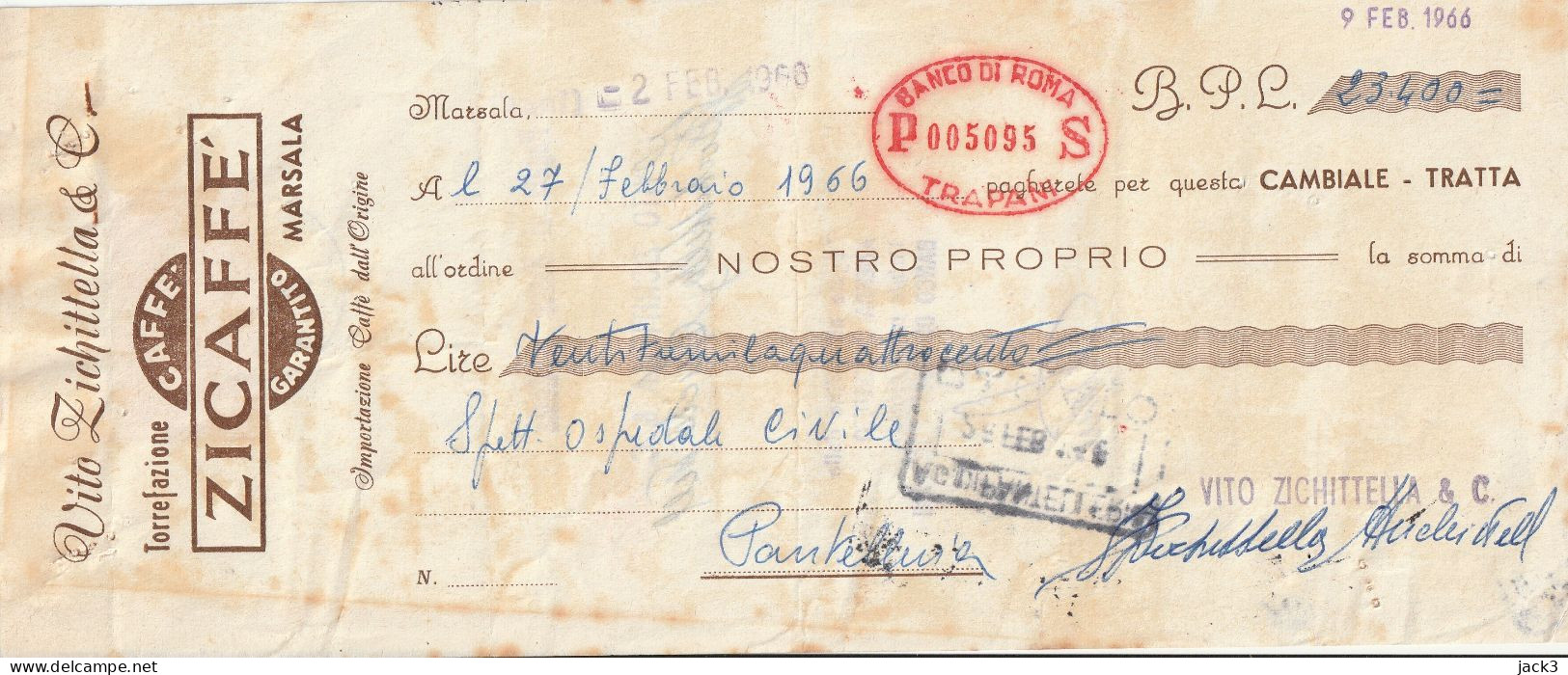 CAMBIALE - BANCO DI ROMA - CAMBIALE CON TASSELLO PUBBLICITARIO - MARSALA 1966 - Cheques En Traveller's Cheques