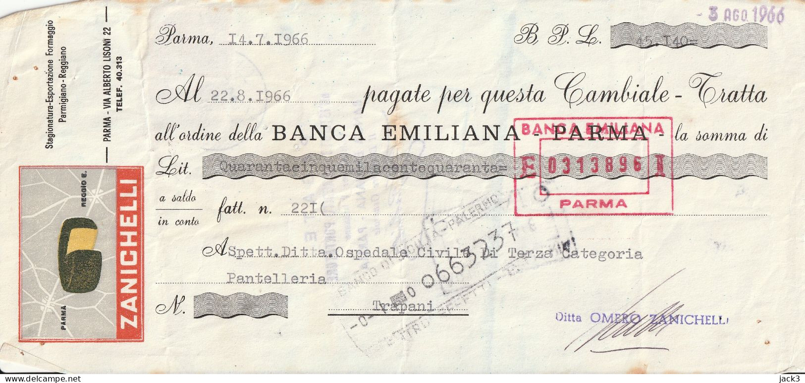 CAMBIALE - BANCA EMILIANA - CAMBIALE CON TASSELLO PUBBLICITARIO - PARMA 1966 - Cheques & Traveler's Cheques