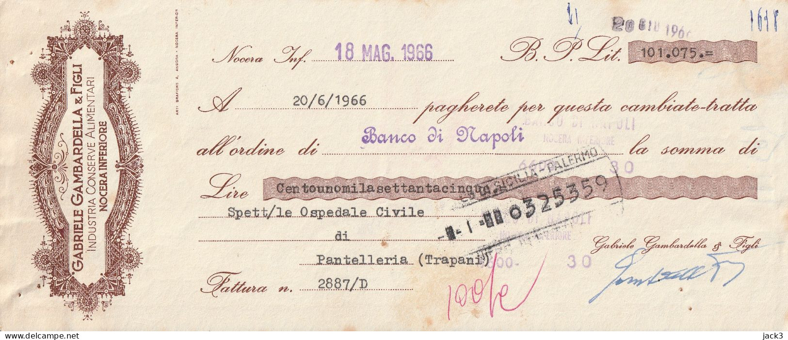 CAMBIALE - BANCO DI NAPOLI - CAMBIALE CON TASSELLO PUBBLICITARIO - NOCERA 1966 - Cheques En Traveller's Cheques