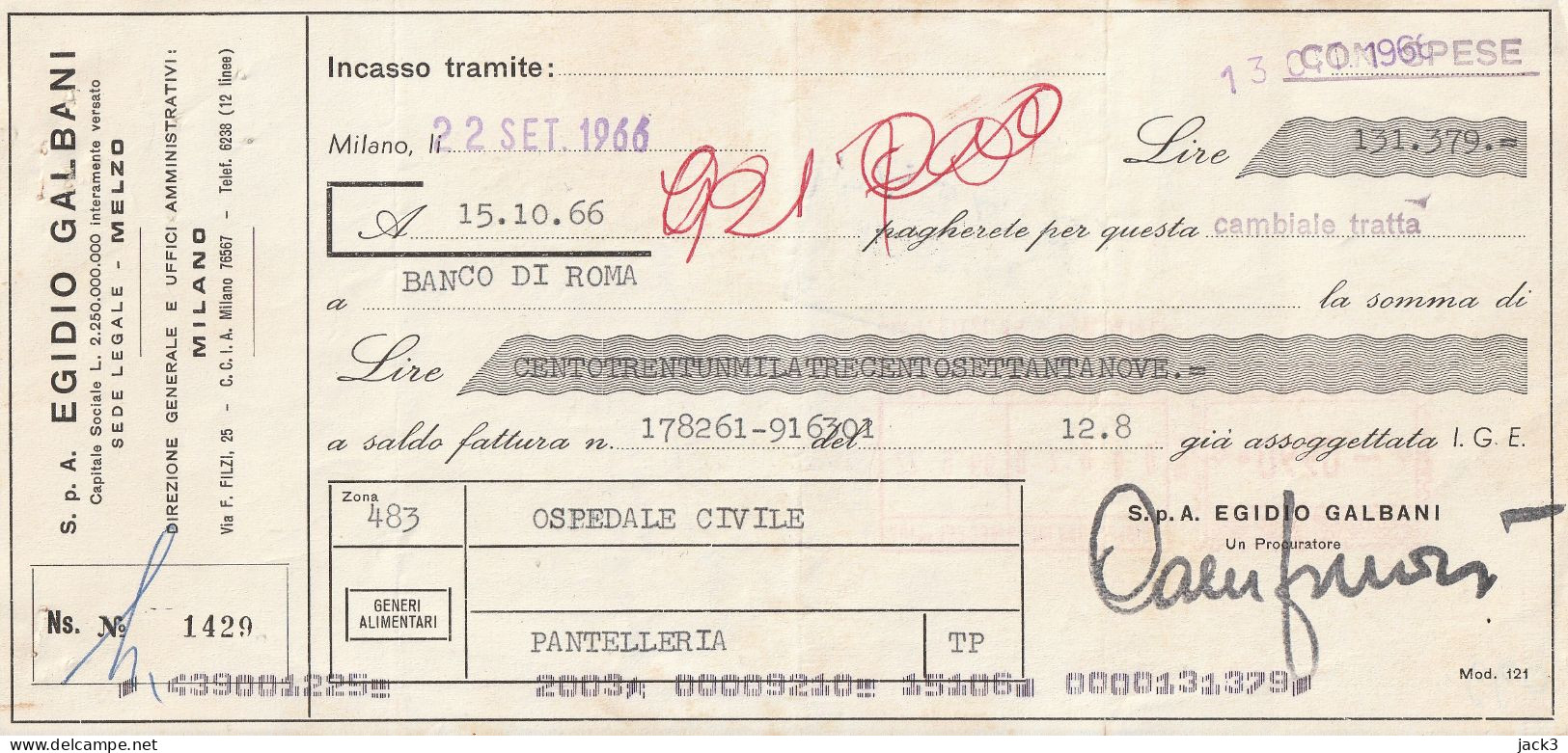 CAMBIALE - BANCO DI ROMA - CAMBIALE CON TASSELLO PUBBLICITARIO - MILANO 1966 - Cheques & Traveler's Cheques