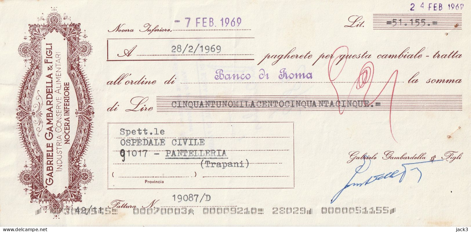 CAMBIALE - BANCO DI ROMA - CAMBIALE CON TASSELLO PUBBLICITARIO - NOCERA INFERIORE 1969 - Chèques & Chèques De Voyage
