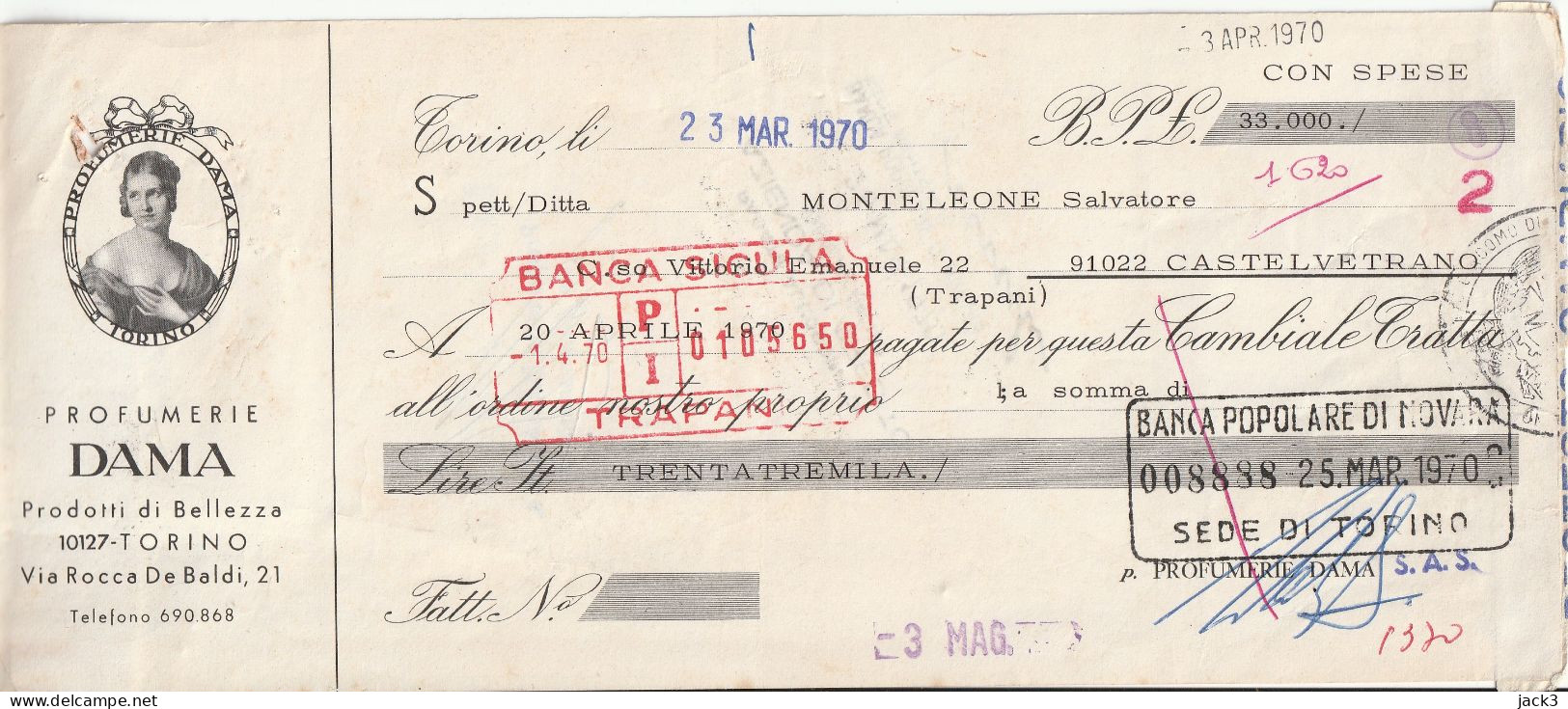 CAMBIALE - BANCA POPOLARE DI NOVARA - CAMBIALE CON TASSELLO PUBBLICITARIO - TORINO 1970 - Cheques & Traverler's Cheques