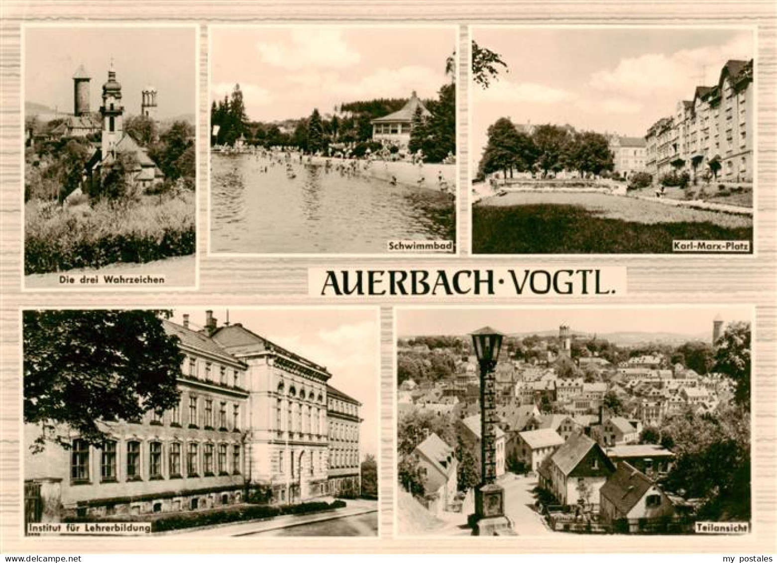 73879609 Auerbach Vogtland Drei Wahrzeichen Schwimmbad Karl Marx Platz Institut  - Auerbach (Vogtland)