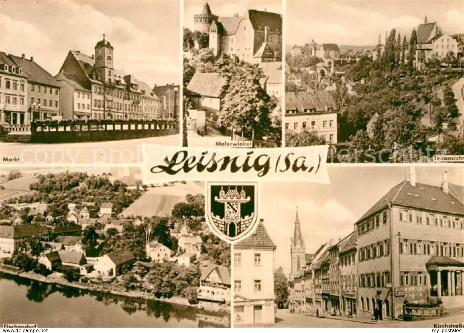 72973914 Leisnig Markt Malerwinkel Teilansicht Kirchstrasse Fischendorf Wappen L - Leisnig