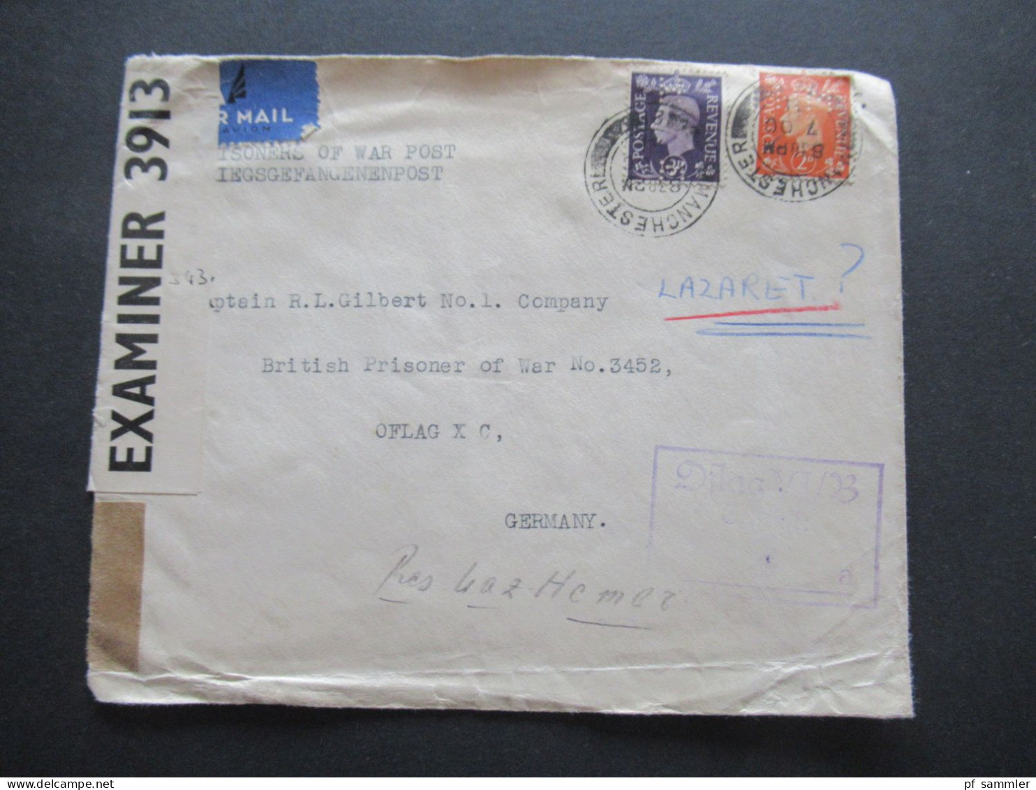 GB Mit Perfin 1941 POW Kriegsgefangenenpost Mit Zensurstreifen Opened By Examiner 3913 Hemer Lazarett Oflag XC VI - Covers & Documents