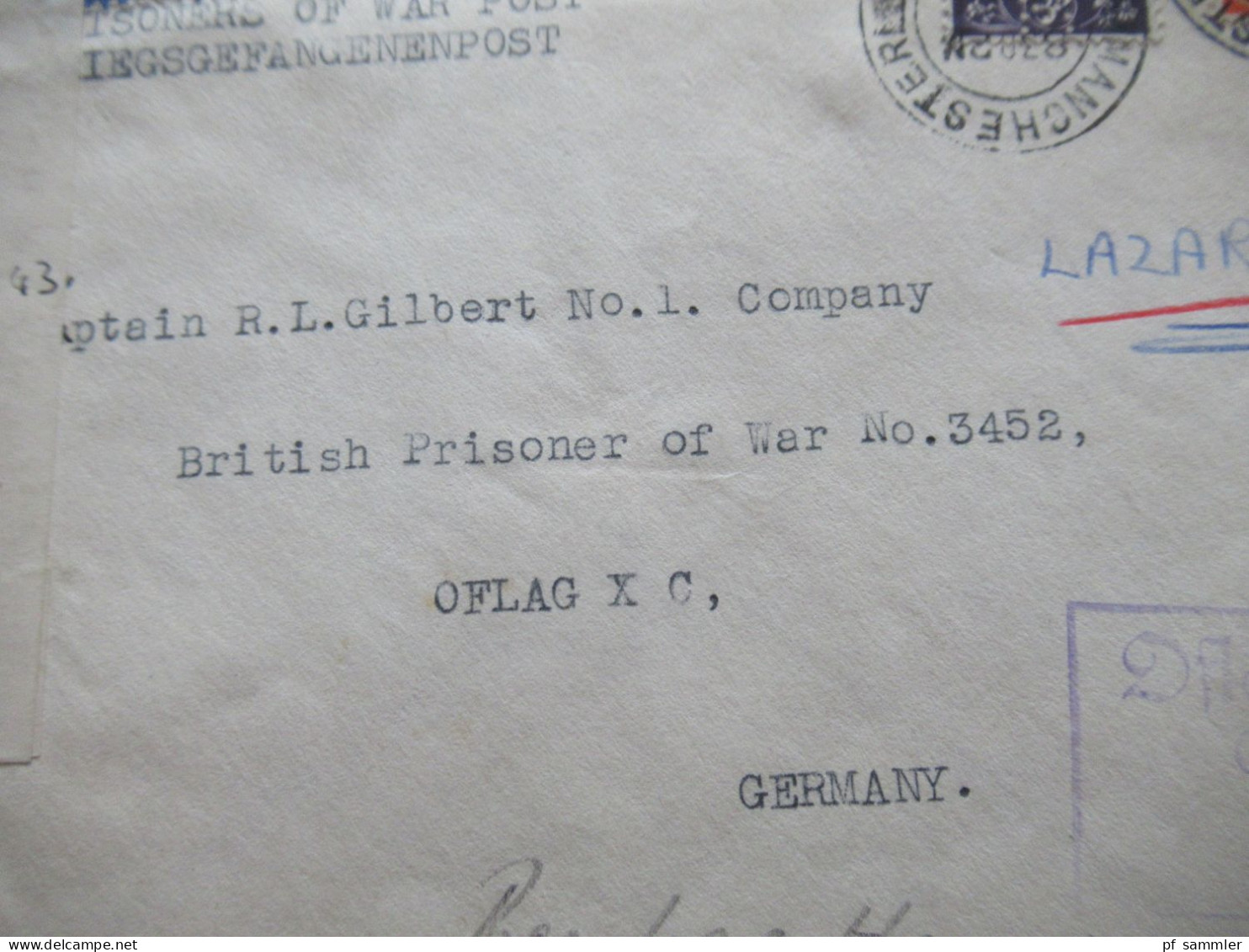 GB mit Perfin 1941 POW Kriegsgefangenenpost mit Zensurstreifen Opened by Examiner 3913 Hemer Lazarett Oflag XC VI