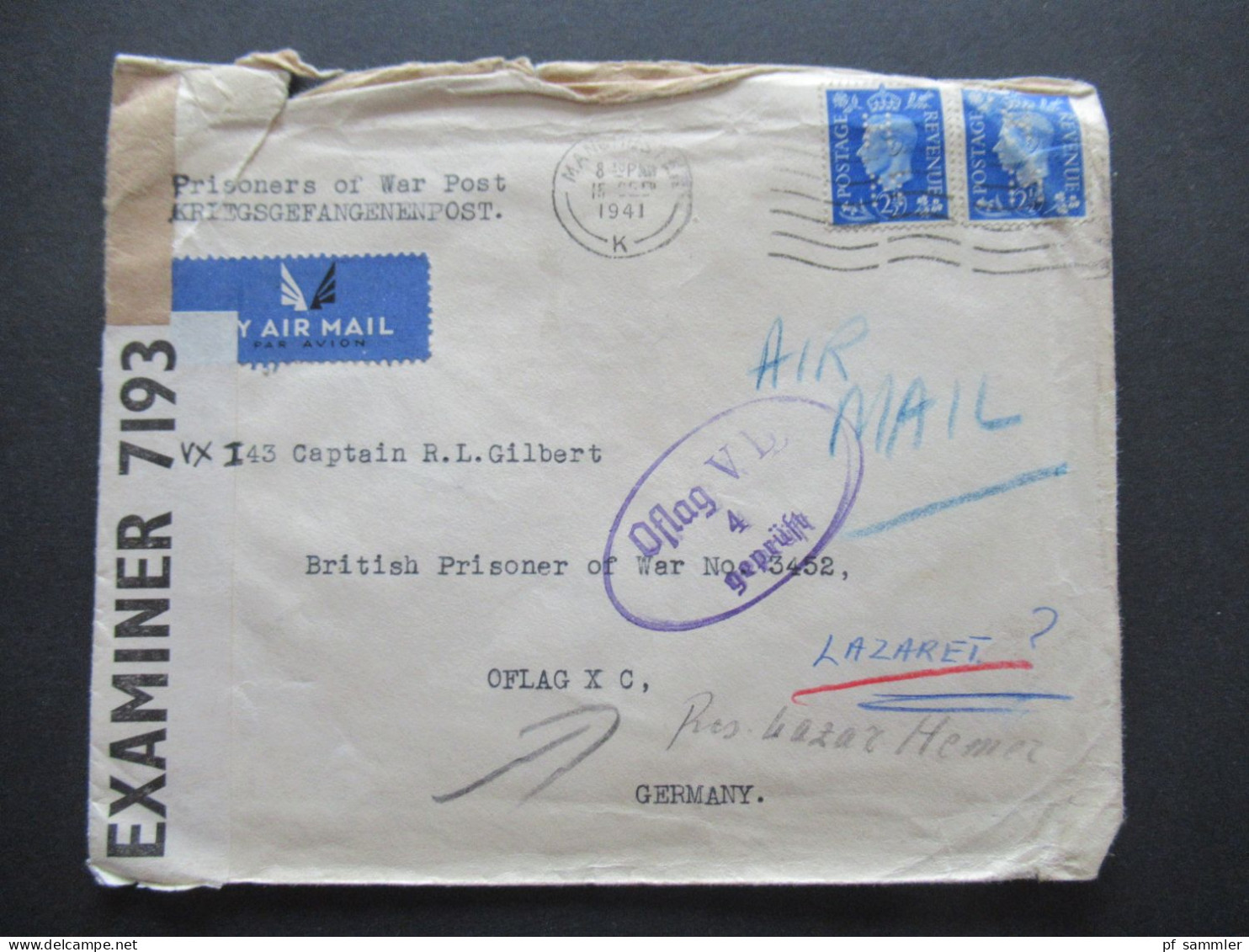 GB Mit Perfin 1941 POW Kriegsgefangenenpost Mit Zensurstreifen Opened By Examiner 3913 Hemer Lazarett Oflag Geprüft - Covers & Documents