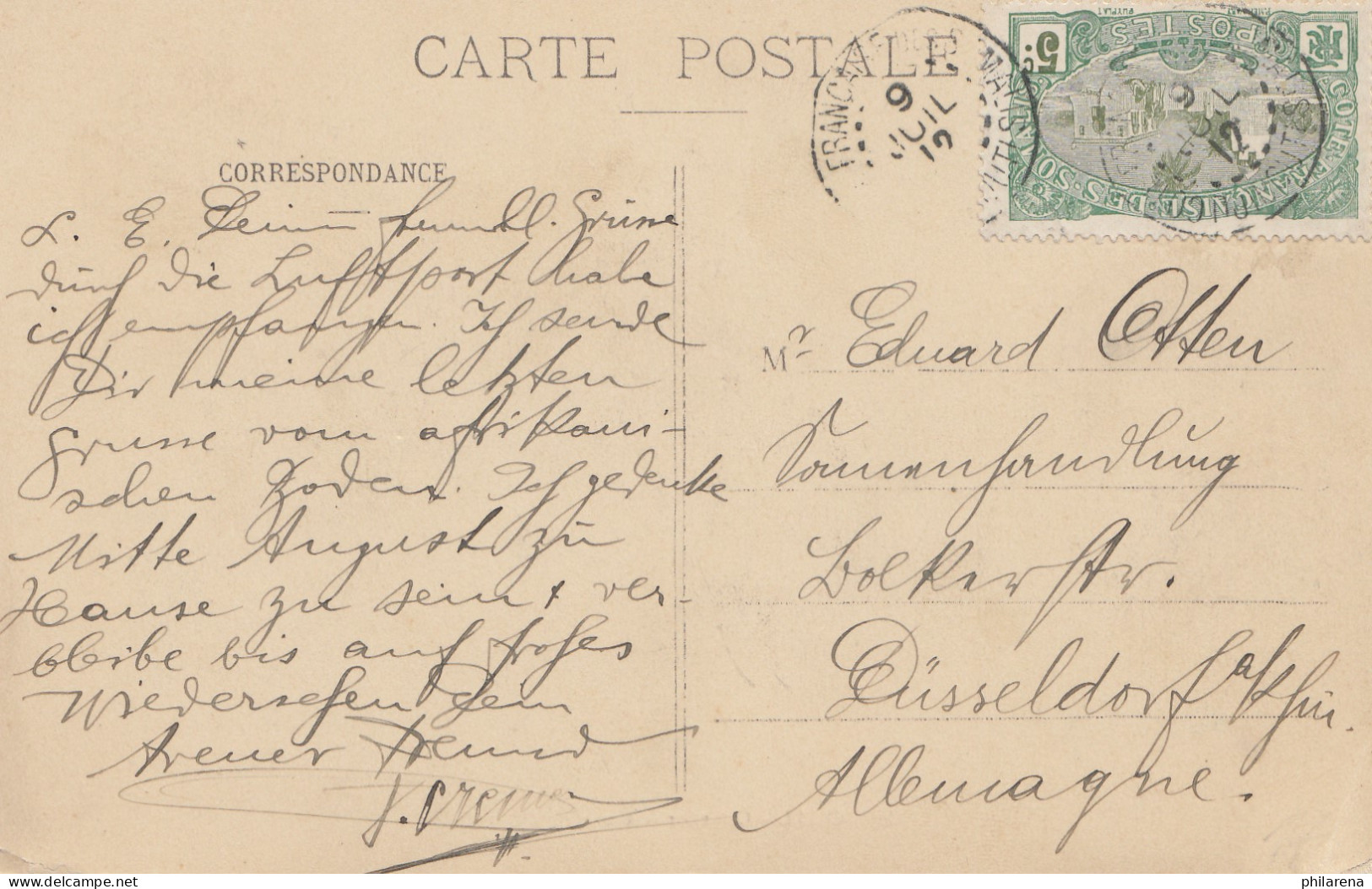 French Colonies: Somalia: Post Card 1919 To Düsseldorf - Somalia (1960-...)