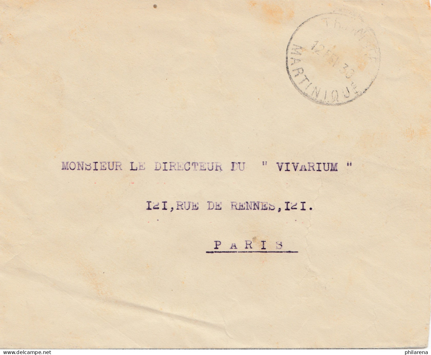 French Colonies: Martinique 1930 Fort De France To Paris, Directeur Vivarium - Otros & Sin Clasificación