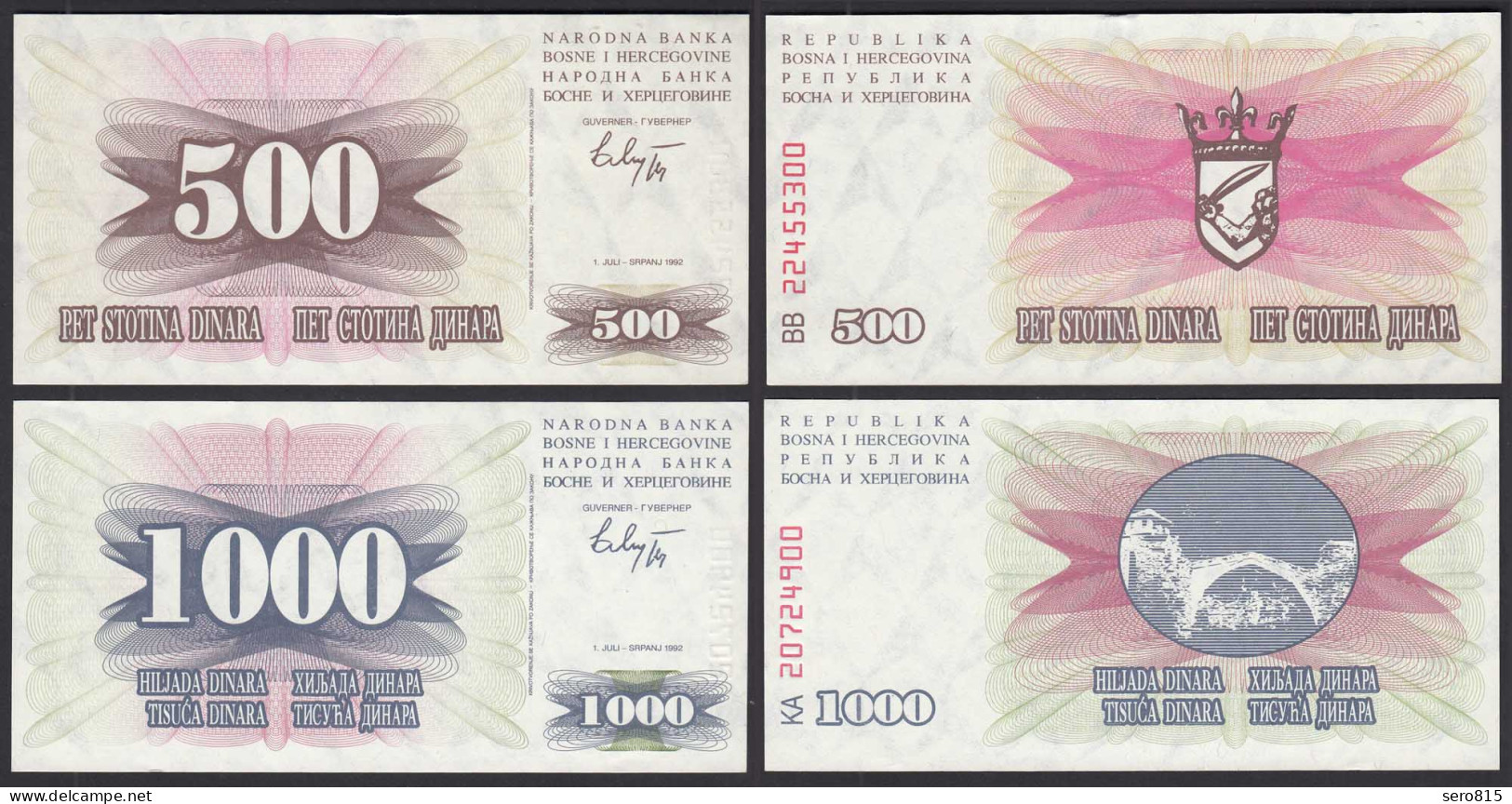 Bosnien-Herzegowina 500 +1000 Dinara 2 Banknoten 1992 UNC   (30147 - Bosnien-Herzegowina