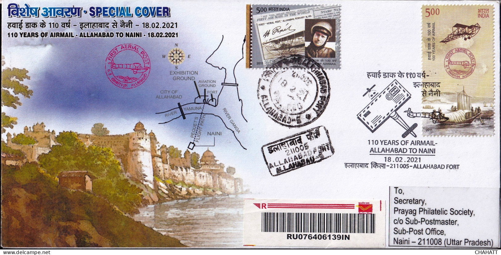 AIRMAIL-110 YEARS OF FIRST AIRMAIL- ALLAHABAD FORT TO NAINI- REGISTERED FLOWN COVER-INDIA-BX4-33 - Posta