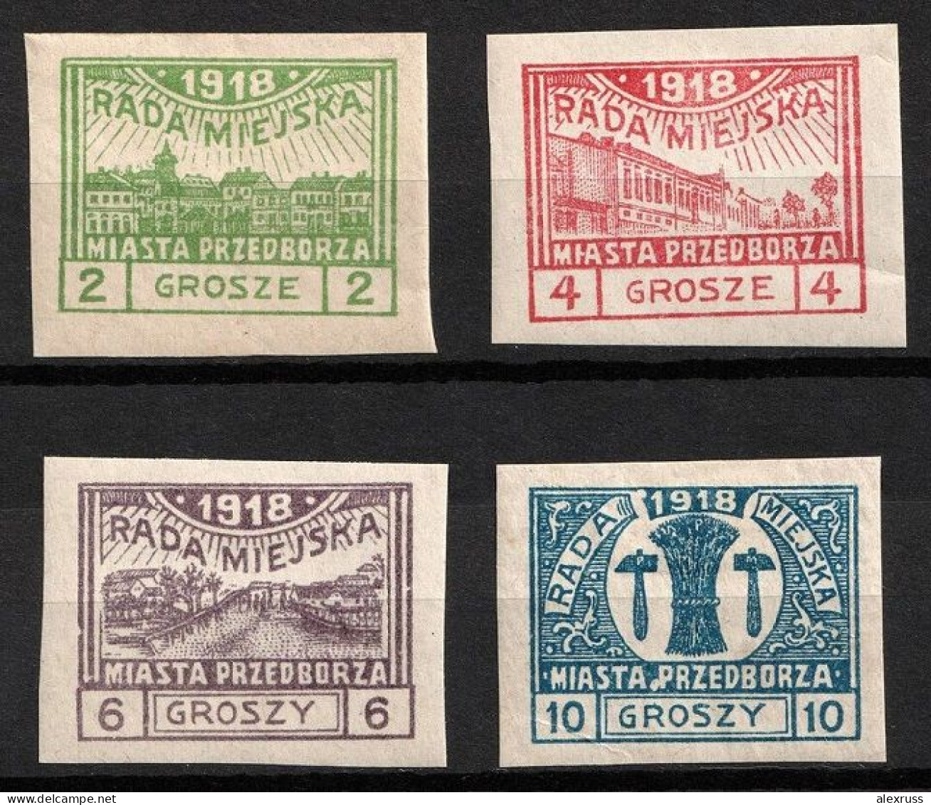 Poland 1918 Przedborz WW-I Local Provisional Issue Mi. 7B - 10B, VF MLH*, Value $240 - Ungebraucht