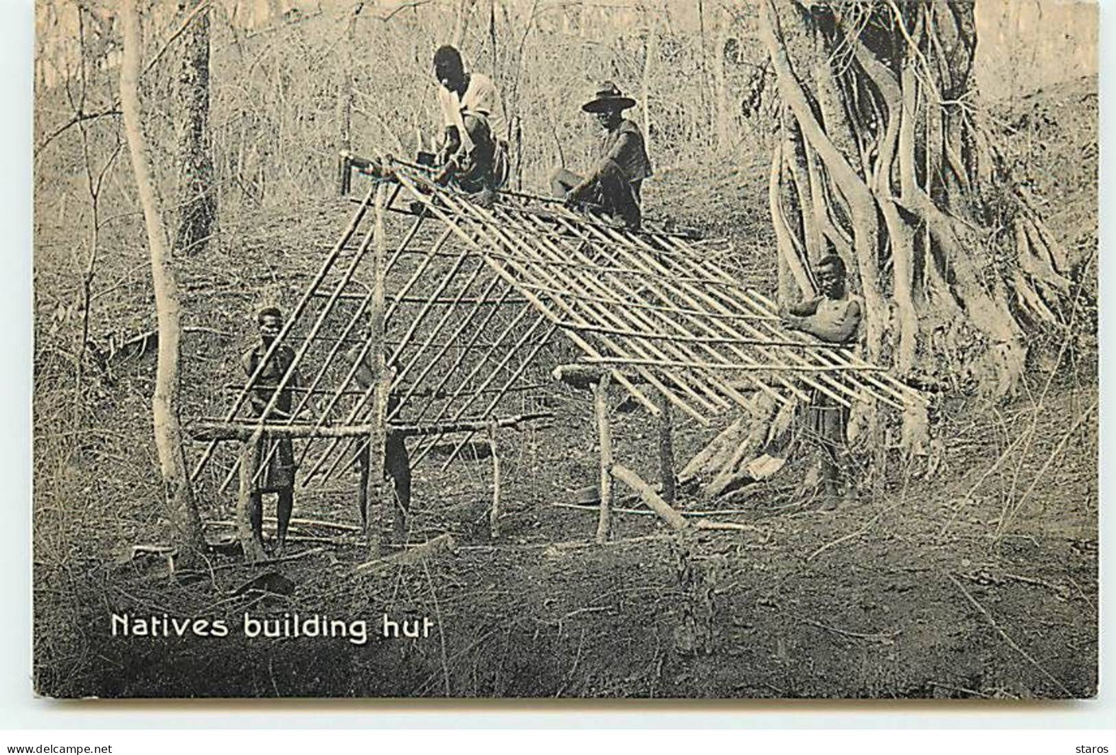 Mozambique - Natives Building Hut - Mozambique