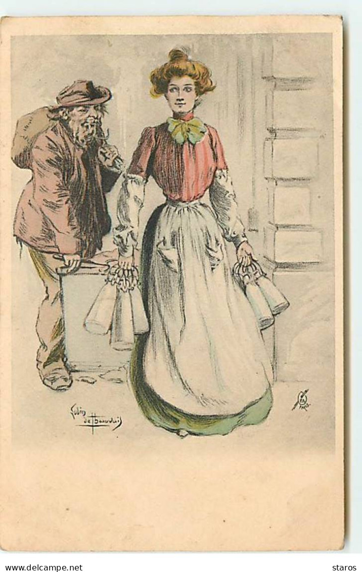 Illustrateur - Lubin De Beauvais - Vieil Homme Regardant Une Femme Portant Des Bouteilles De Lait - Beauvais
