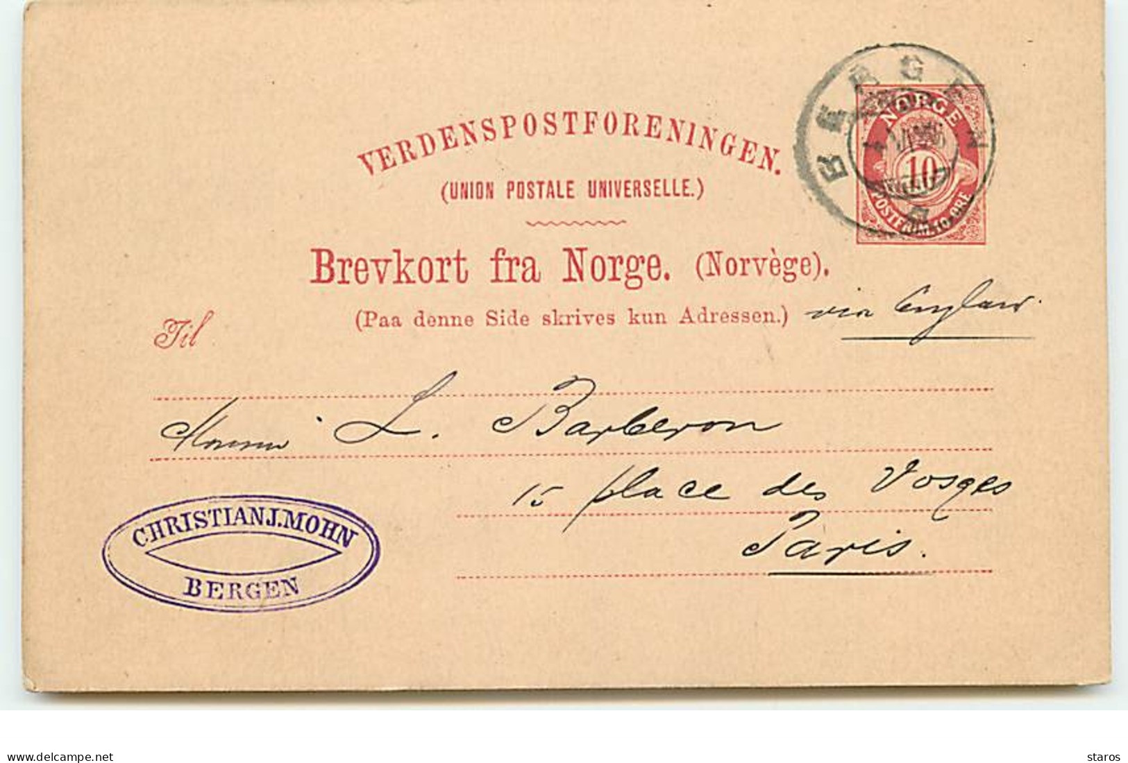 NORVEGE - Entier Postal - Cachet Christian J. Mohn - Bergen - Entiers Postaux