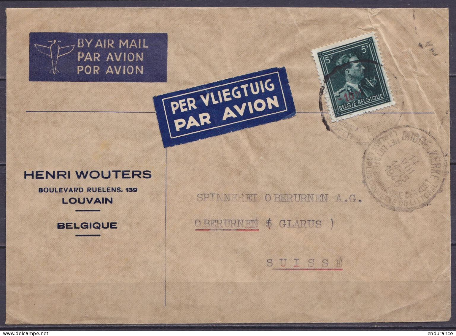 Env. "Henri Wouters Louvain" Par Avion Affr. N°724T Càd MIDDELKERKE /14 VIII 1948 Pour OBERURNEN Glarus Suisse - 1946 -10%