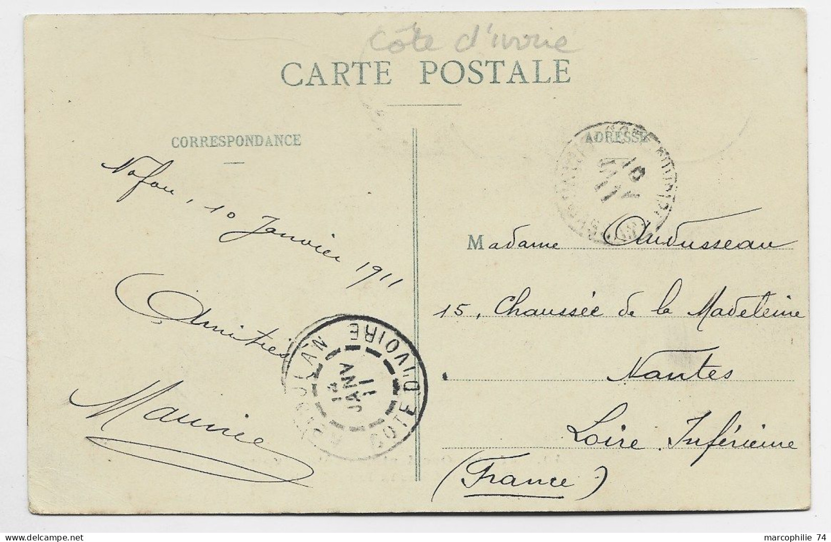 COTE D'IVOIRE 4C+1C  FAIDHERBE AU RECTO CARTE EBOINDA OBL ABIDJEAN 14 JANV 1911 - Briefe U. Dokumente