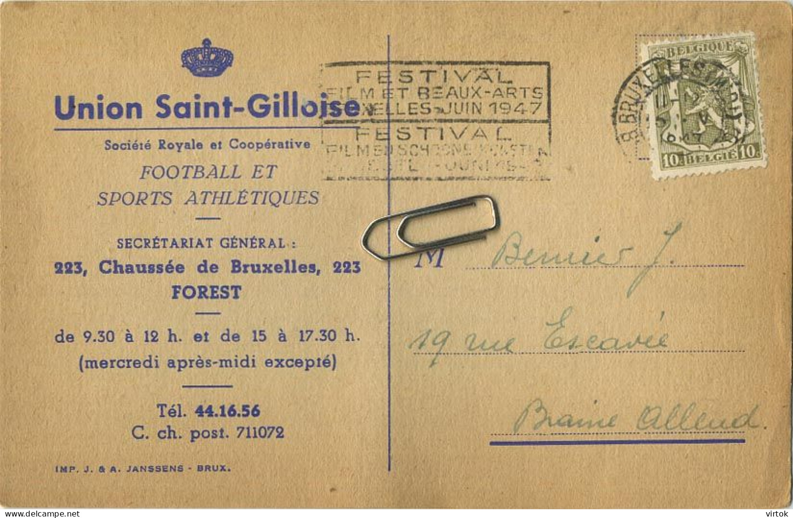 Football : UNION Saint-Gilloise 1947   (  Secretariat Forest ) -- Bernier Braine-L'Alleud  --- See Scans - St-Gilles - St-Gillis