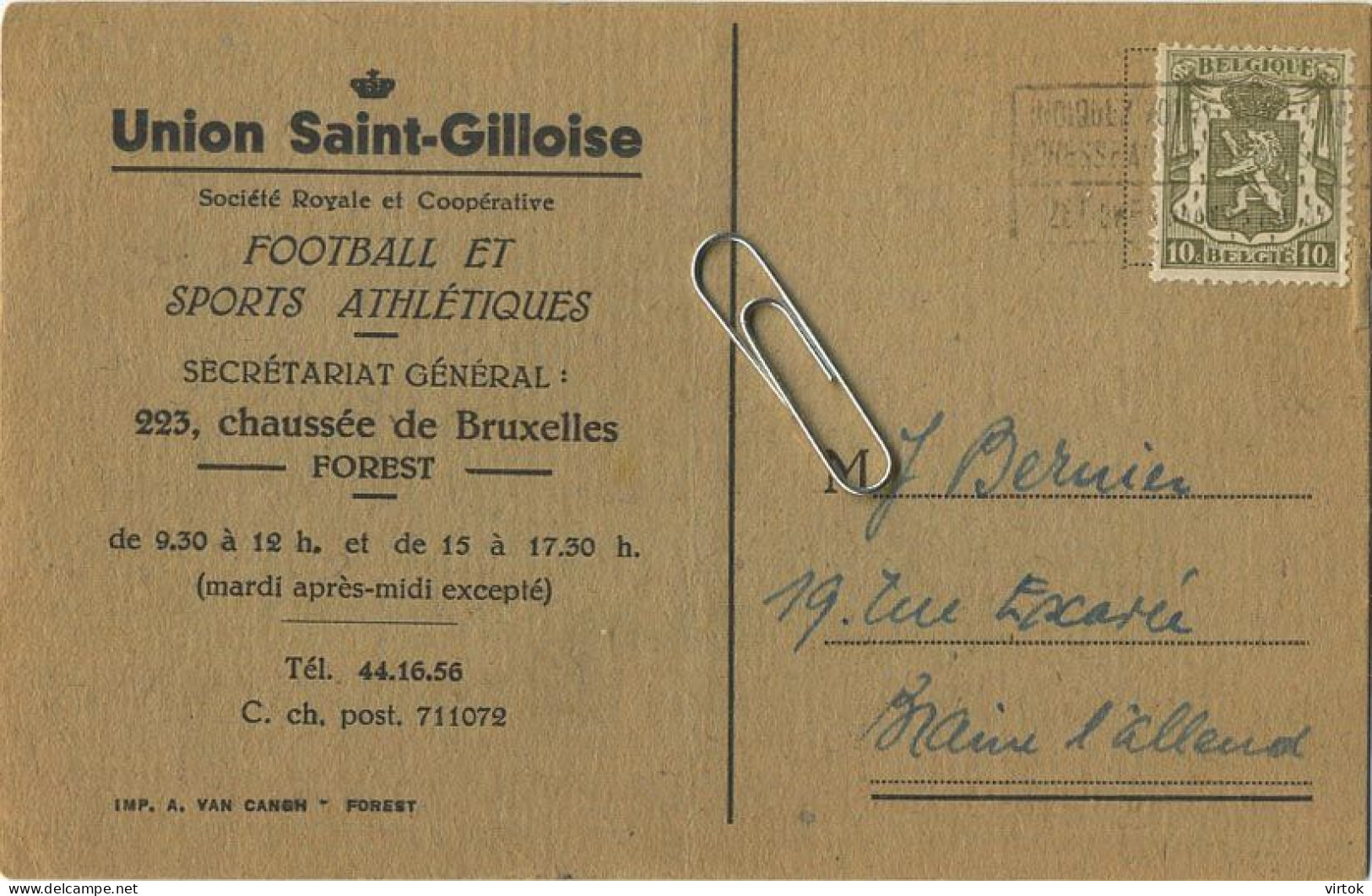 Football : UNION Saint-Gilloise 1946   (  Secretariat Forest ) -- Bernier Braine-L'Alleud  --- See Scans - St-Gillis - St-Gilles