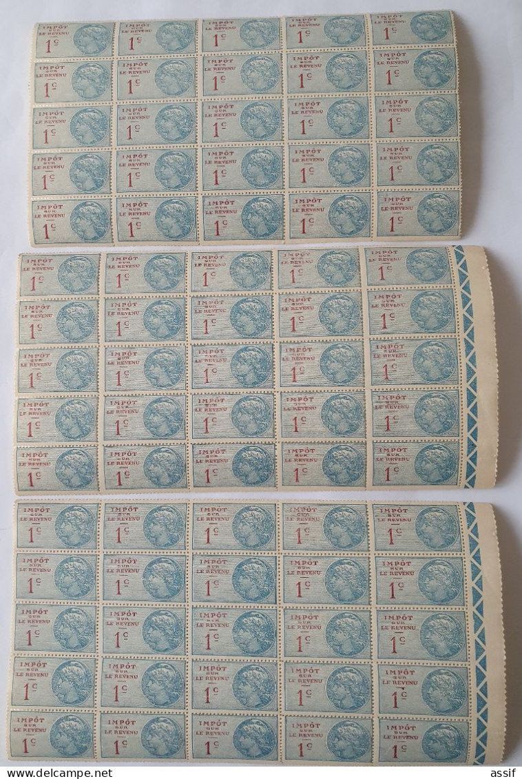 75 Timbres Neufs ** Fiscal N°68 Impôt Sur Le Revenu 1922 1c Bleu Et Rouge 3 Blocs De 25 - Zegels