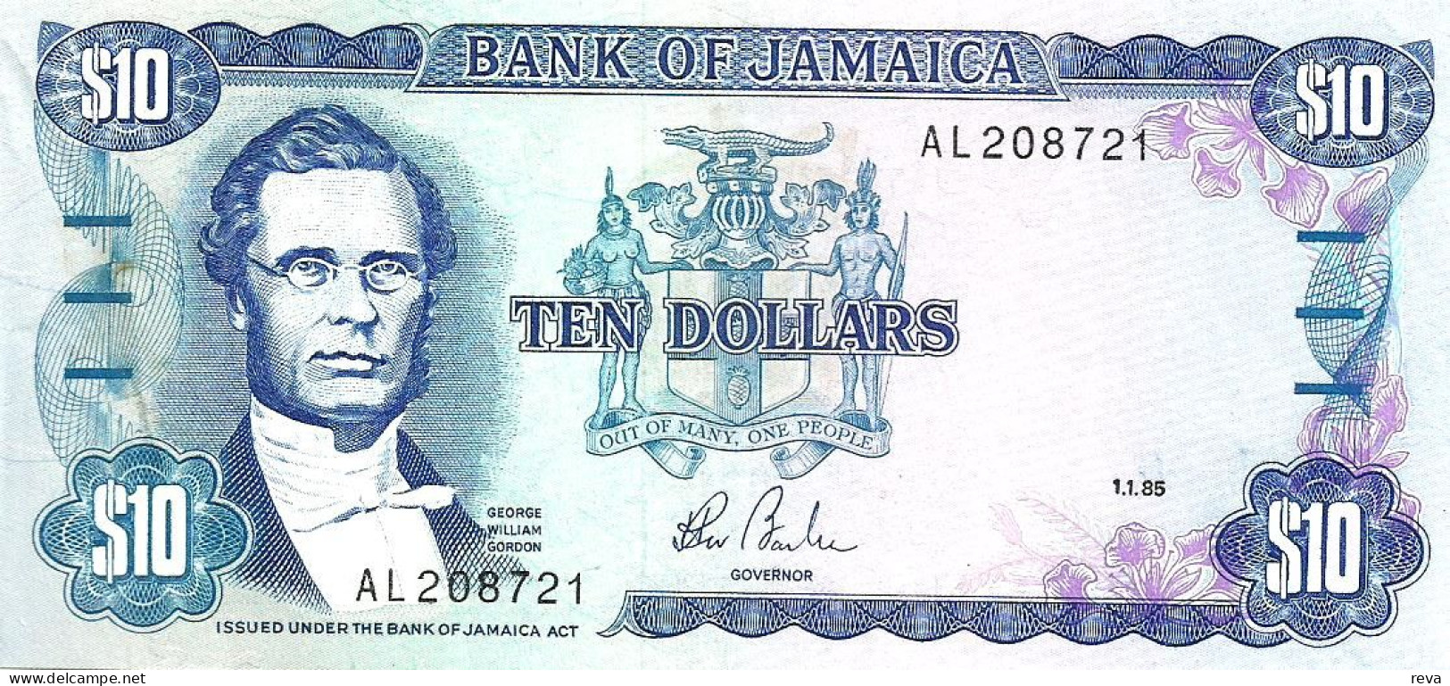 JAMAICA $10 BLUE  MAN HEAD FRONT MINE BACK DATED 01-01-1985 P71a SIGN.7 UNC READ DESCRIPTION !! - Jamaica