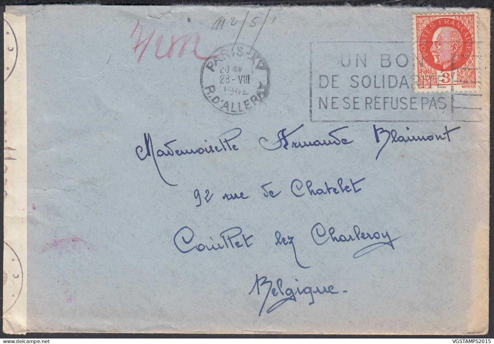 France 1942 - Lettre De Paris à Destination Couillet Chez Charleroi-Belgique. Avec Contenu. Censurée..... (EB) DC-12474 - Usati