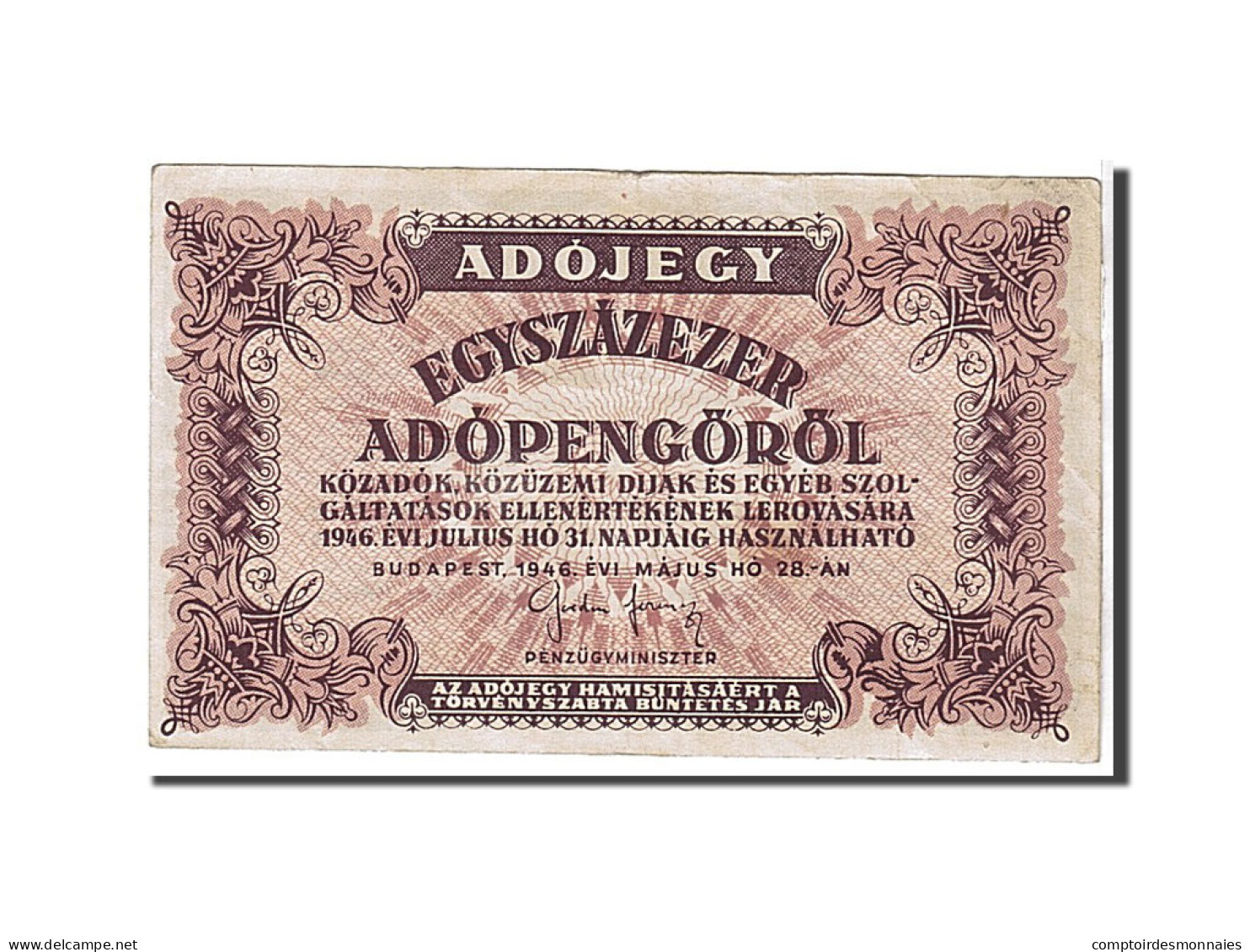 Billet, Hongrie, 100,000 (Egyszázezer) Adópengö, 1946, KM:144e, TTB - Hongarije