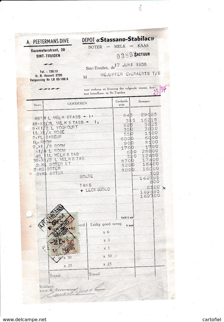 SINT-TRUIDEN-FACTUUR-1958-A.PEETERMANS-DIVE-GAZOMETERSTRAAT-BOTER-MELK-KAAS-STASSANO-STABILAC-TAKSZEGELS-MOOI ! ! - 1950 - ...