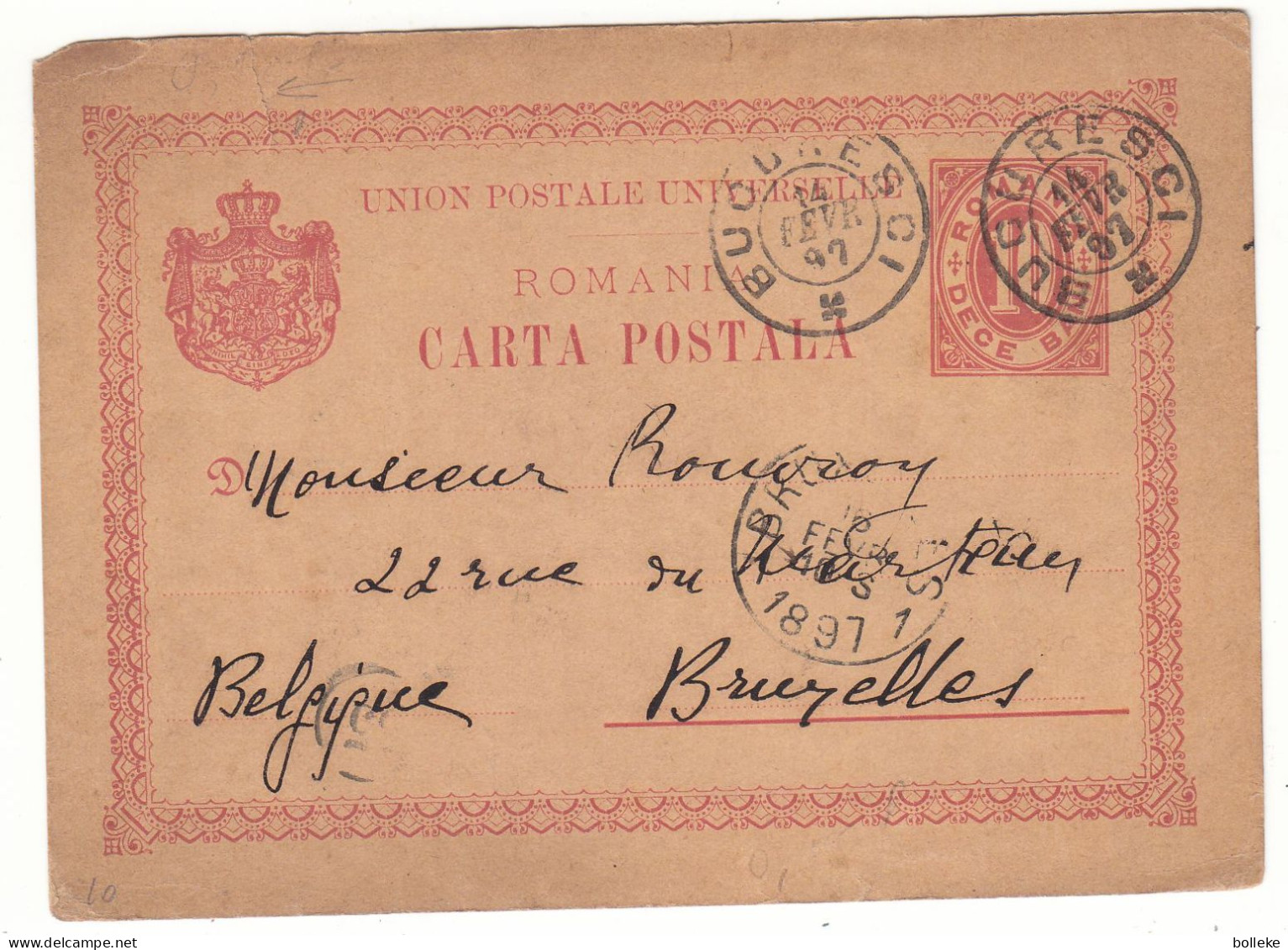 Roumanie - Carte Postale De 1897 - Entier Postal - Oblit Bucuresti - Exp Vers Bruxelles - - Cartas & Documentos
