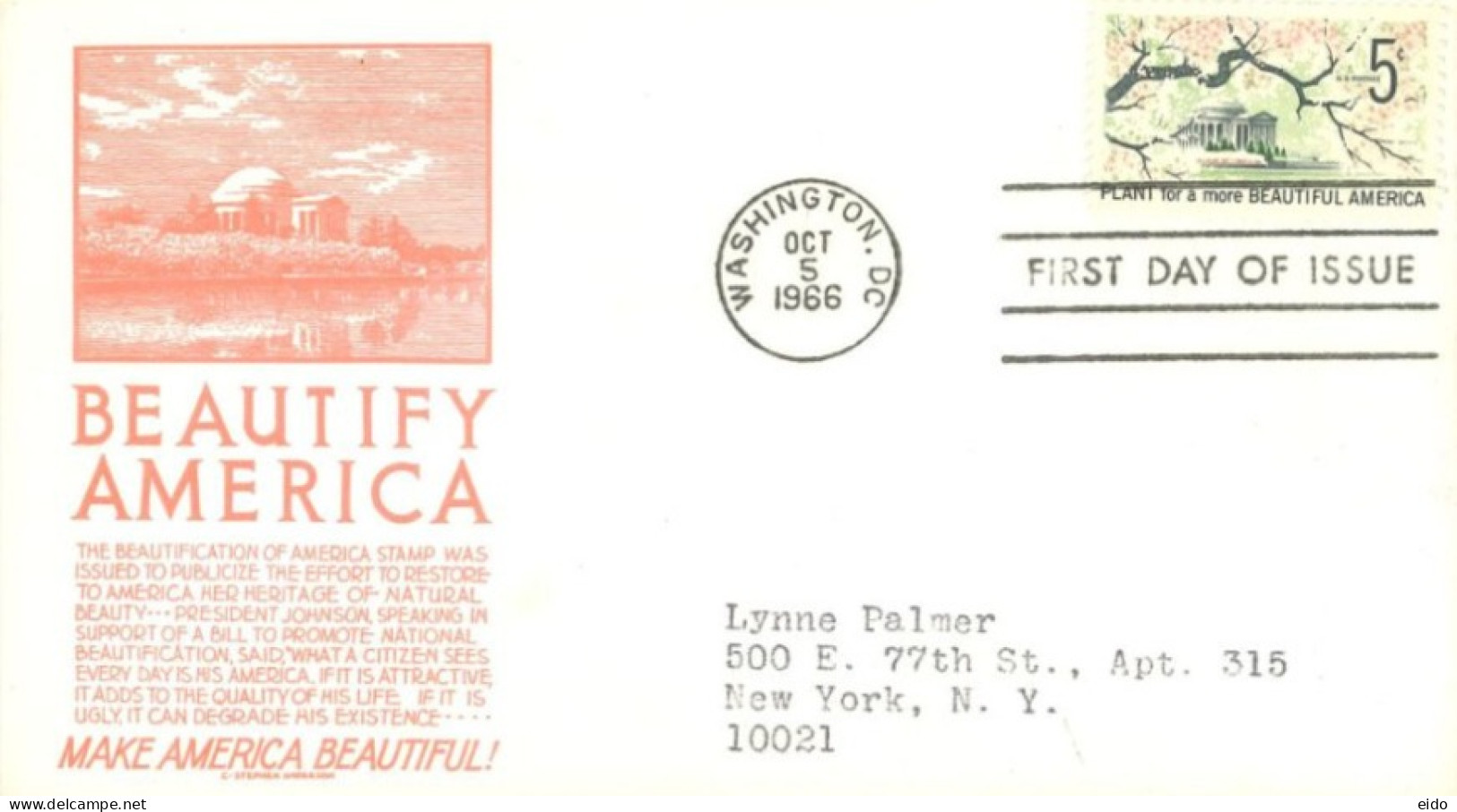 UNITED STATES. - 1966 - FDC STAMP OF BEAUTIFY AMERICA SENT TO NEW YORK. - Lettres & Documents