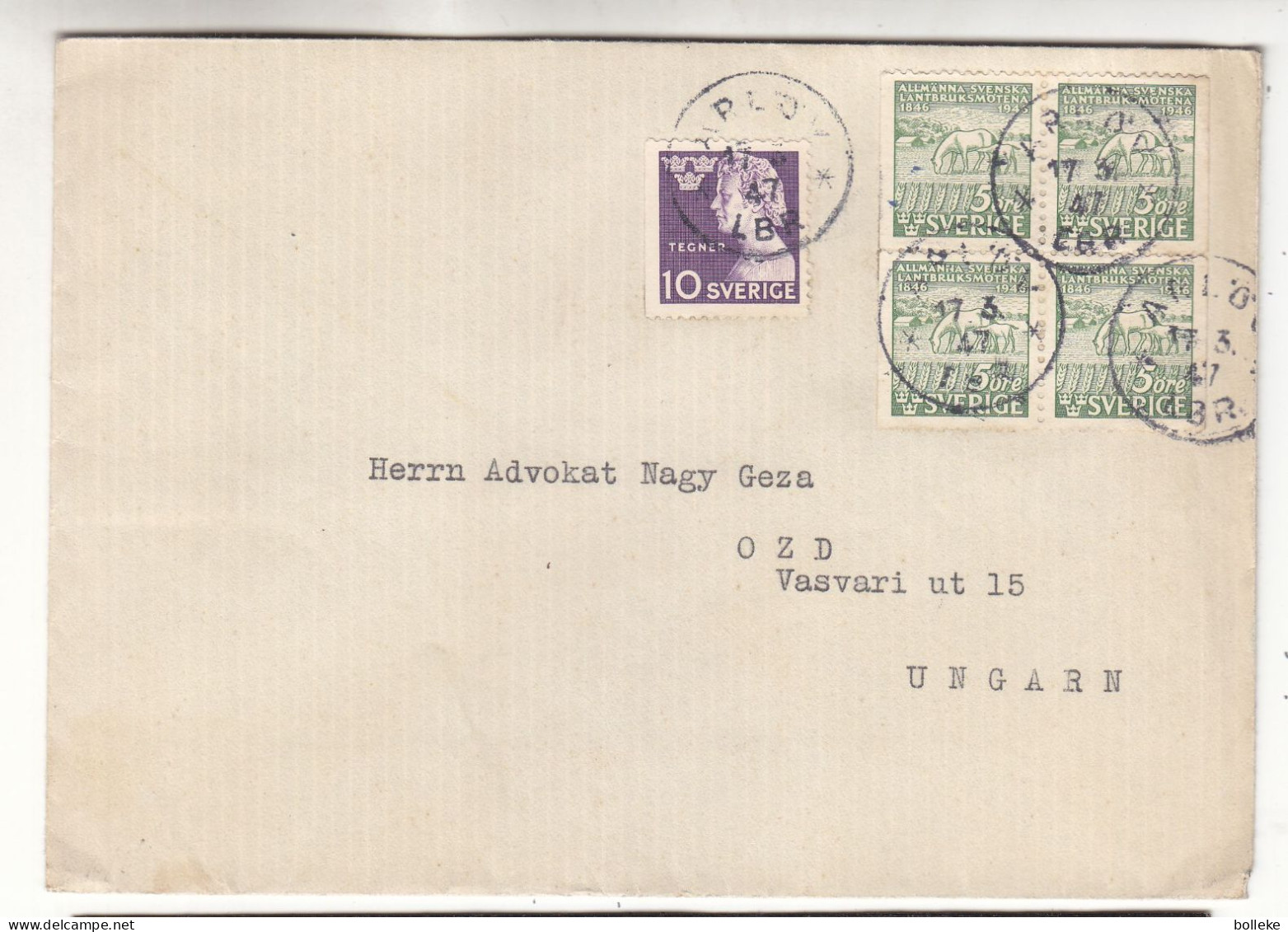 Suède - Lettre De 1947 - Oblit Arlov - Exp Vers OZD En Hongrie - - Briefe U. Dokumente