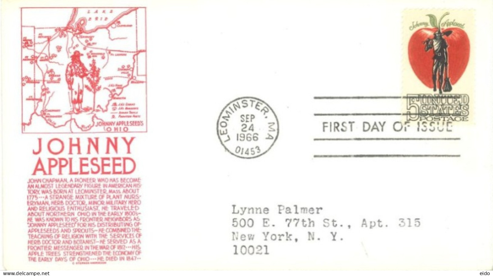 UNITED STATES. - 1966 - FDC STAMP OF JOHNNY APPLESEED SENT TO NEW YORK. - Covers & Documents