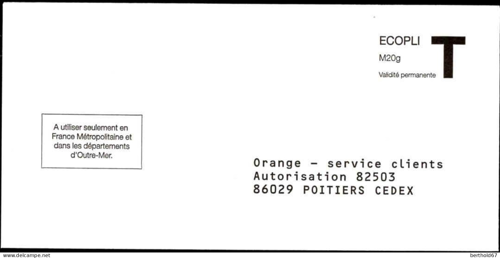 France Entier-P N** (7012) Orange Autorisation82503 Ecopli M20g V.permanente - Cartes/Enveloppes Réponse T