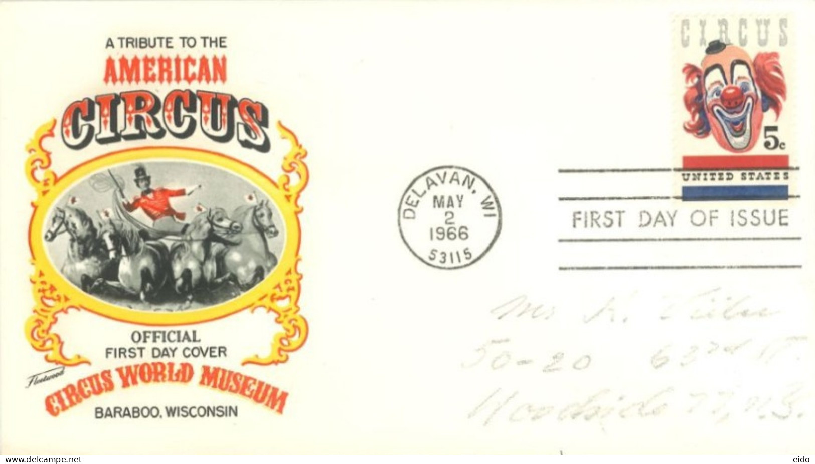 UNITED STATES. - 1966 - FDC STAMP OF CIRCUS WORLD MUSEUM SENT TO HOOLSIDE. - Briefe U. Dokumente