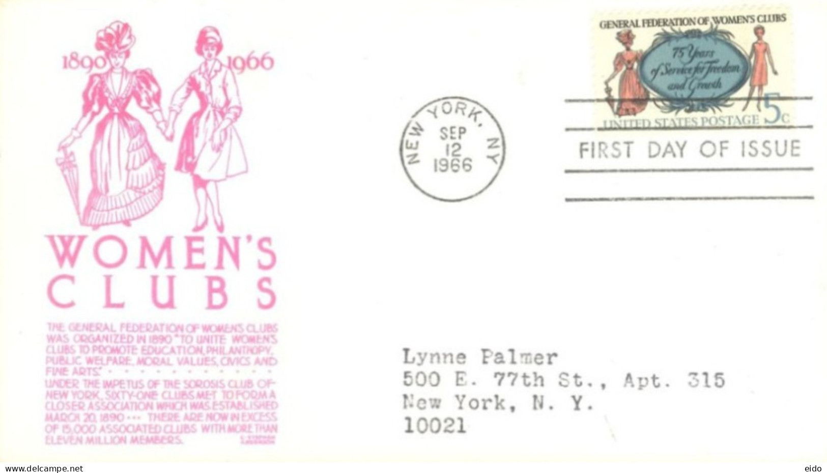 UNITED STATES. - 1966 - FDC STAMP OF WOMEN'S CLUBS SENT TO NEW YORK. - Lettres & Documents